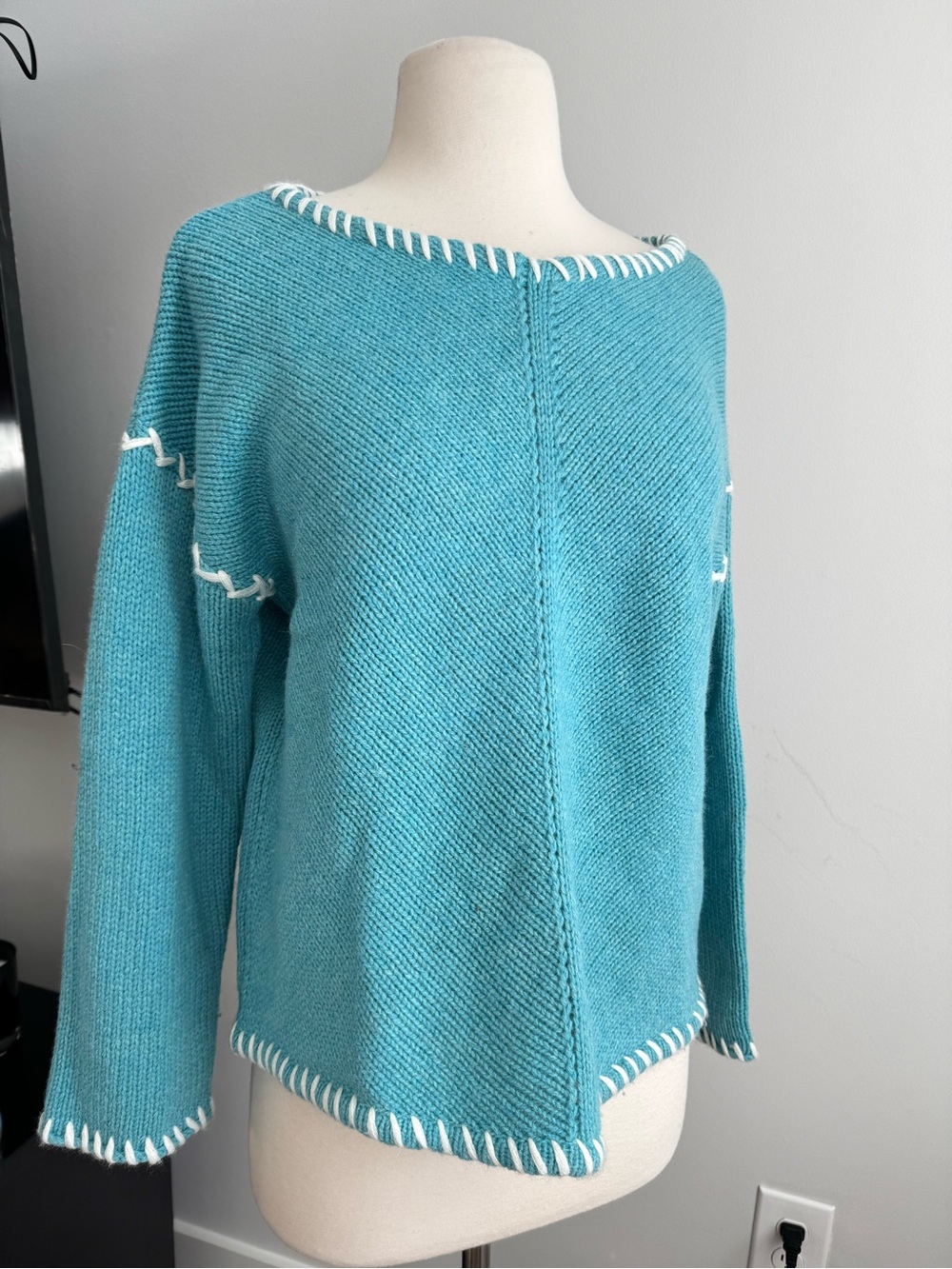 Sundance Turquoise Lambswool Blend Whipstitch Sweater XS